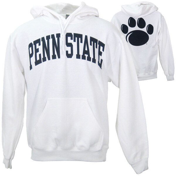 white hooded sweatshirt arched Penn State front, paw print on back